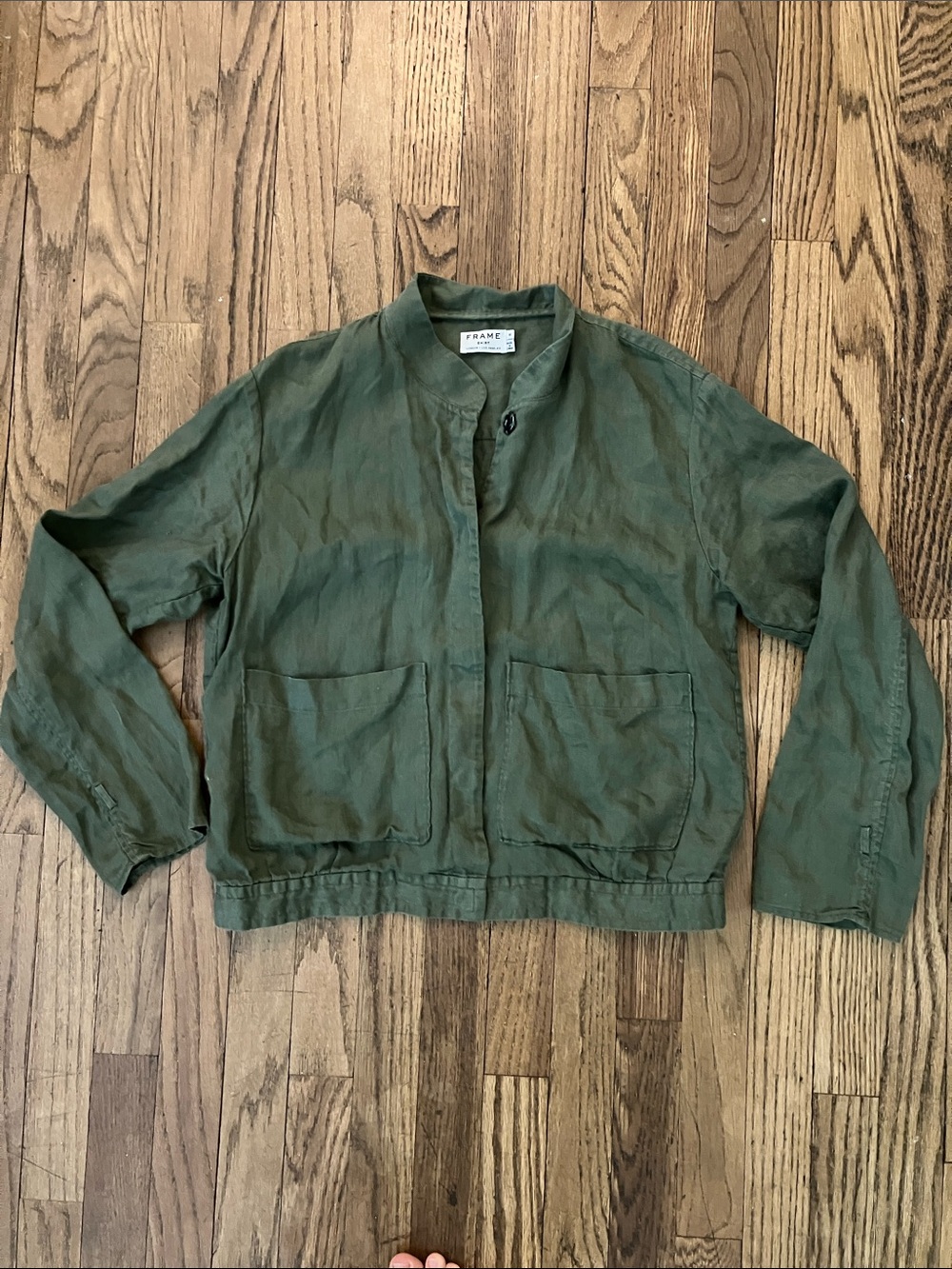 Frame Denim Olive Green Bomber Utility Jacket with Patch Pockets, adjustable